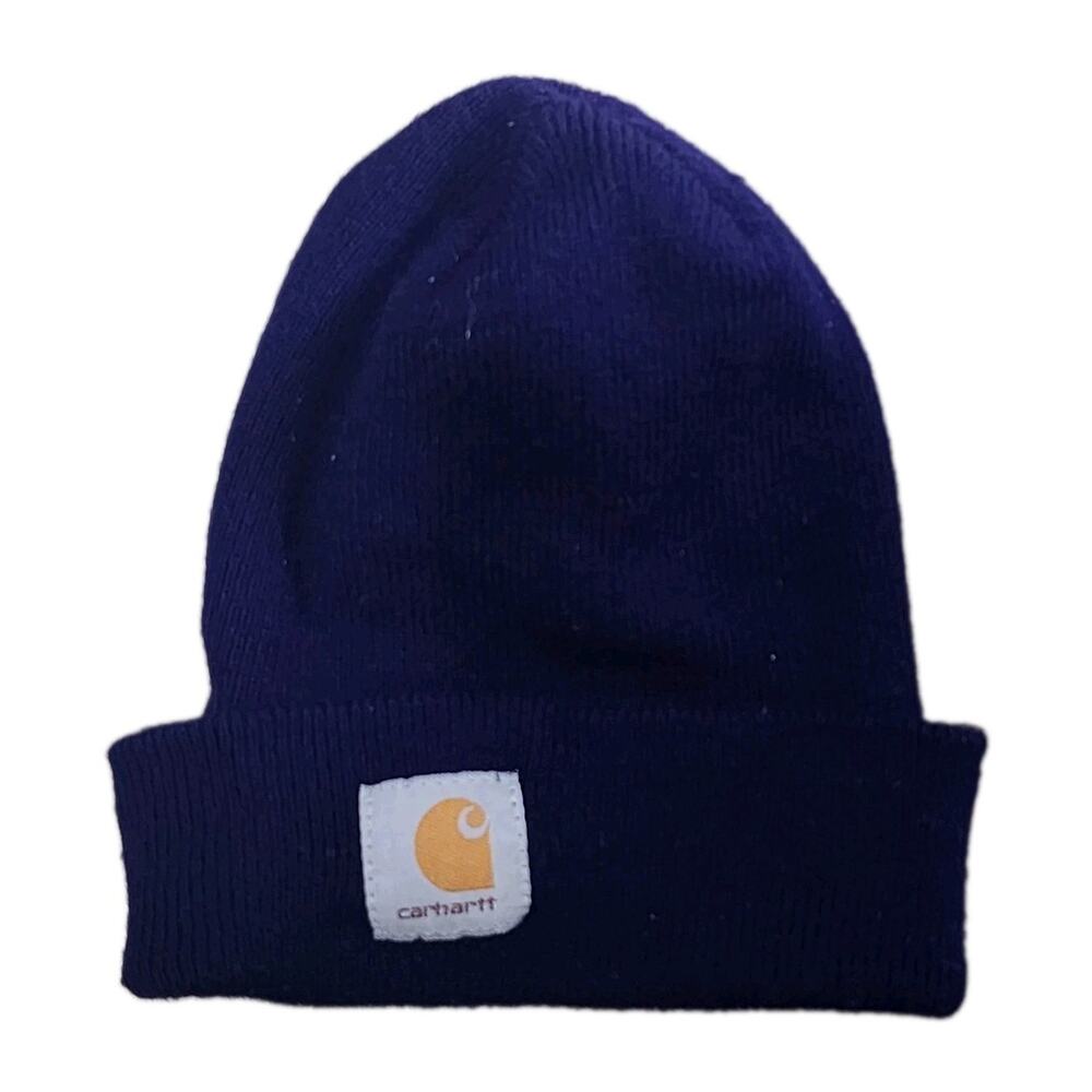 Vintage 90s Carhartt Faded Spell Out Knit Winter Beanie Hat Cap Blue Acrylic USA